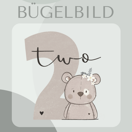 Bügelbild Geburtstagszahl 2 mit Bär Mädchen 