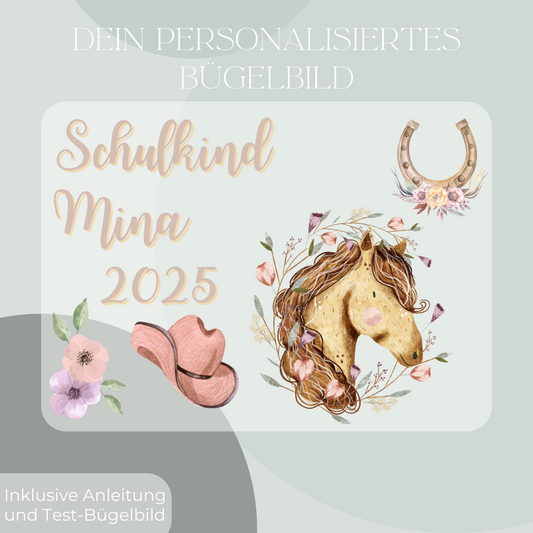 Personalisiertes Bügelbild-Set Schulkind 2025 Pferd