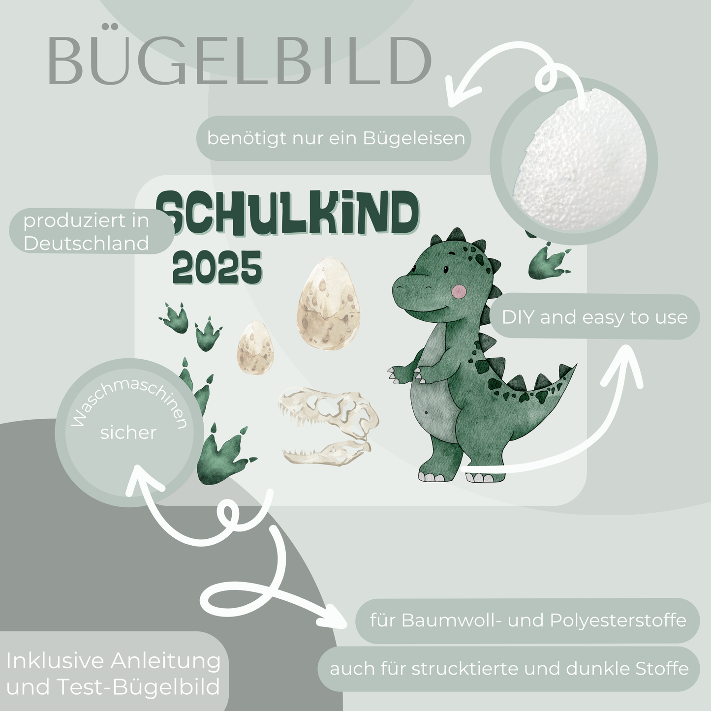 Bügelbild-Set Schulkind 2025 Dinosaurier