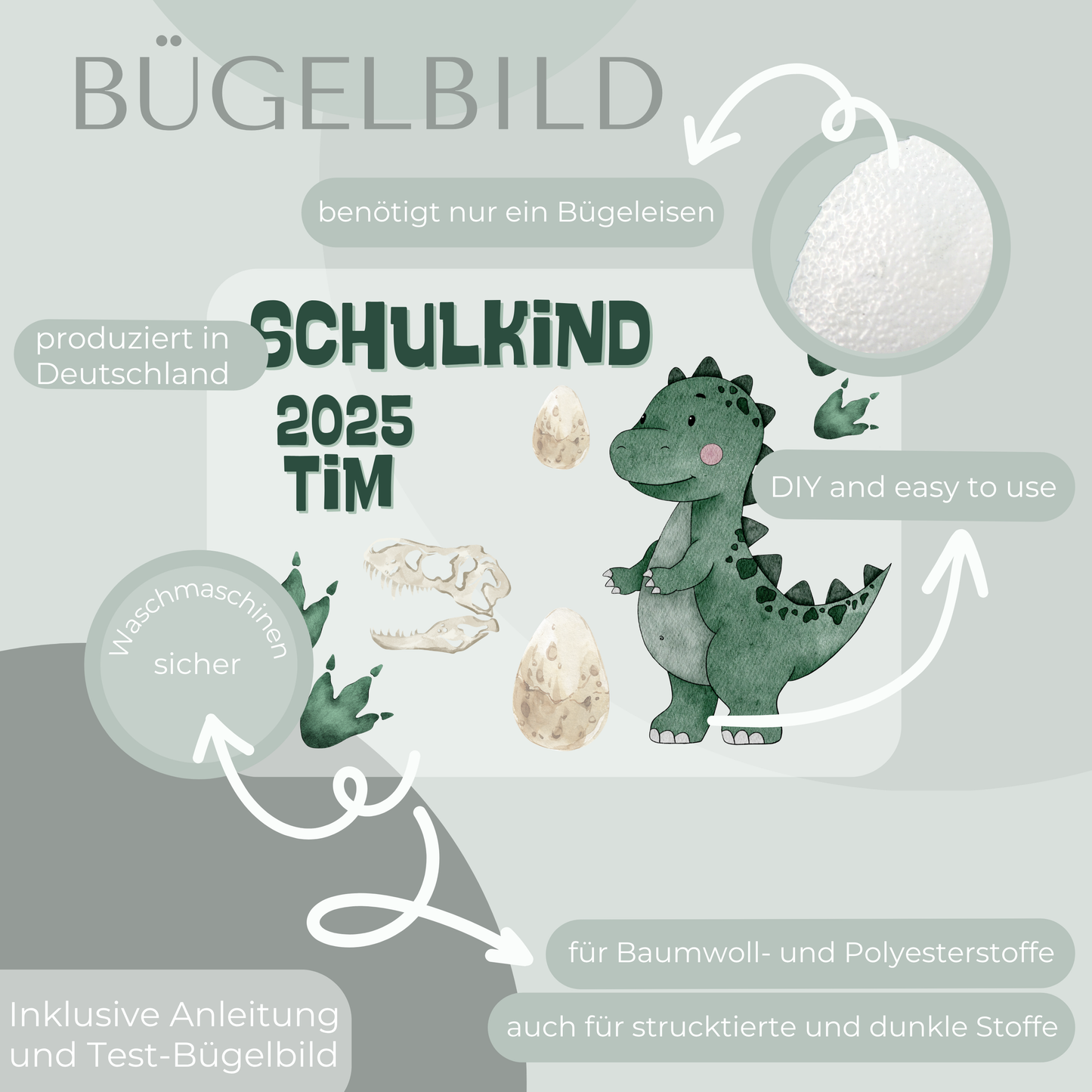 Personalisiertes Bügelbild-Set Schulkind 2025 Dinosaurier