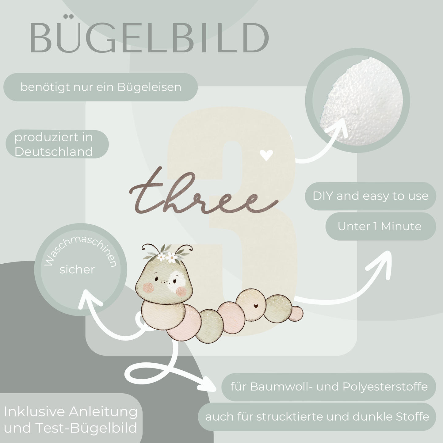 Geburtstagszahl 3 mit Raupe m - Mini Bügel-Bild Bügelbild Eigenproduktion