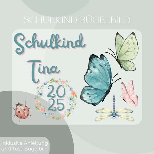 Personalisiertes Bügelbild-Set Schulkind 2025 Schmetterling