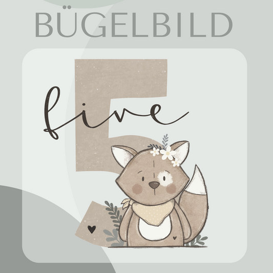 Bügelbild Geburtstagszahl 5 mit Fuchs Mädchen 