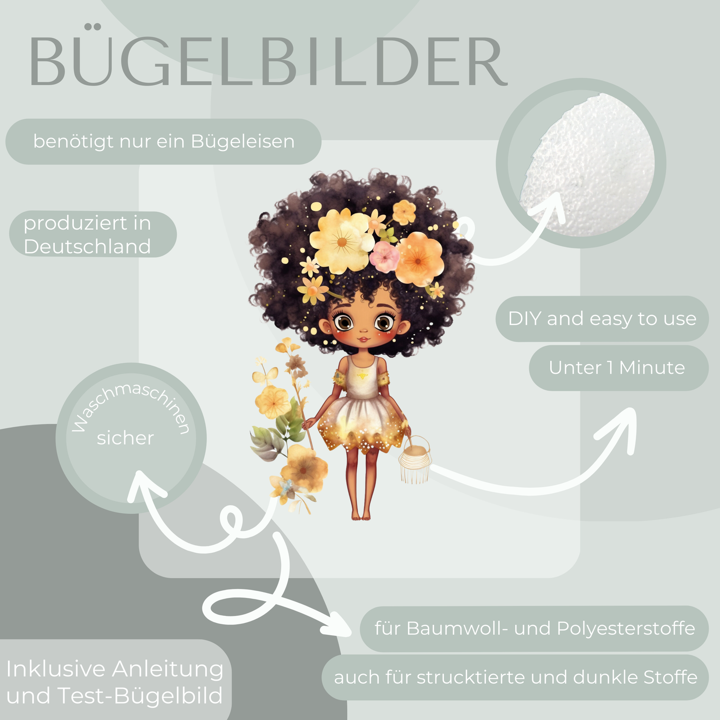 Blumen Mädchen Afro Bügel-Bild Bügelbild Eigenproduktion