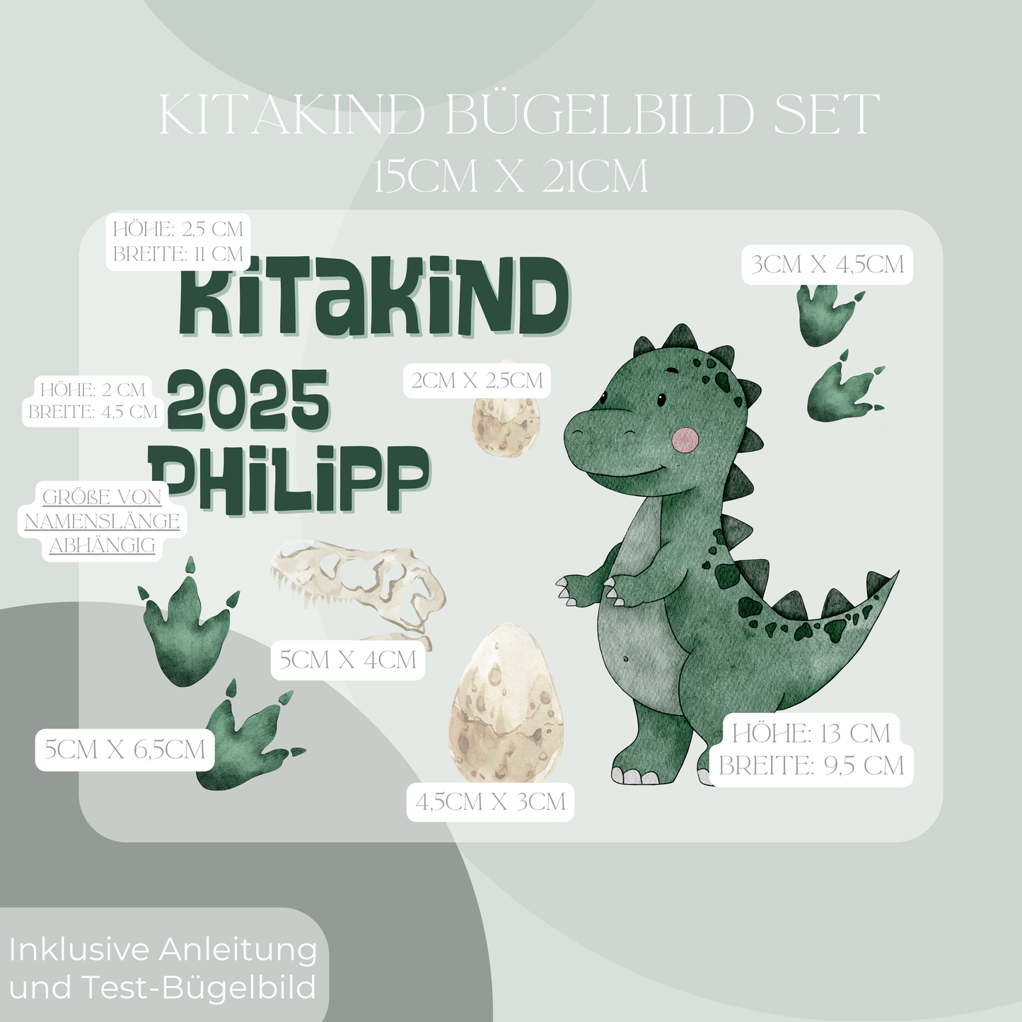 Personalisiertes Bügelbild-Set Kitakind 2025 Dinosaurier