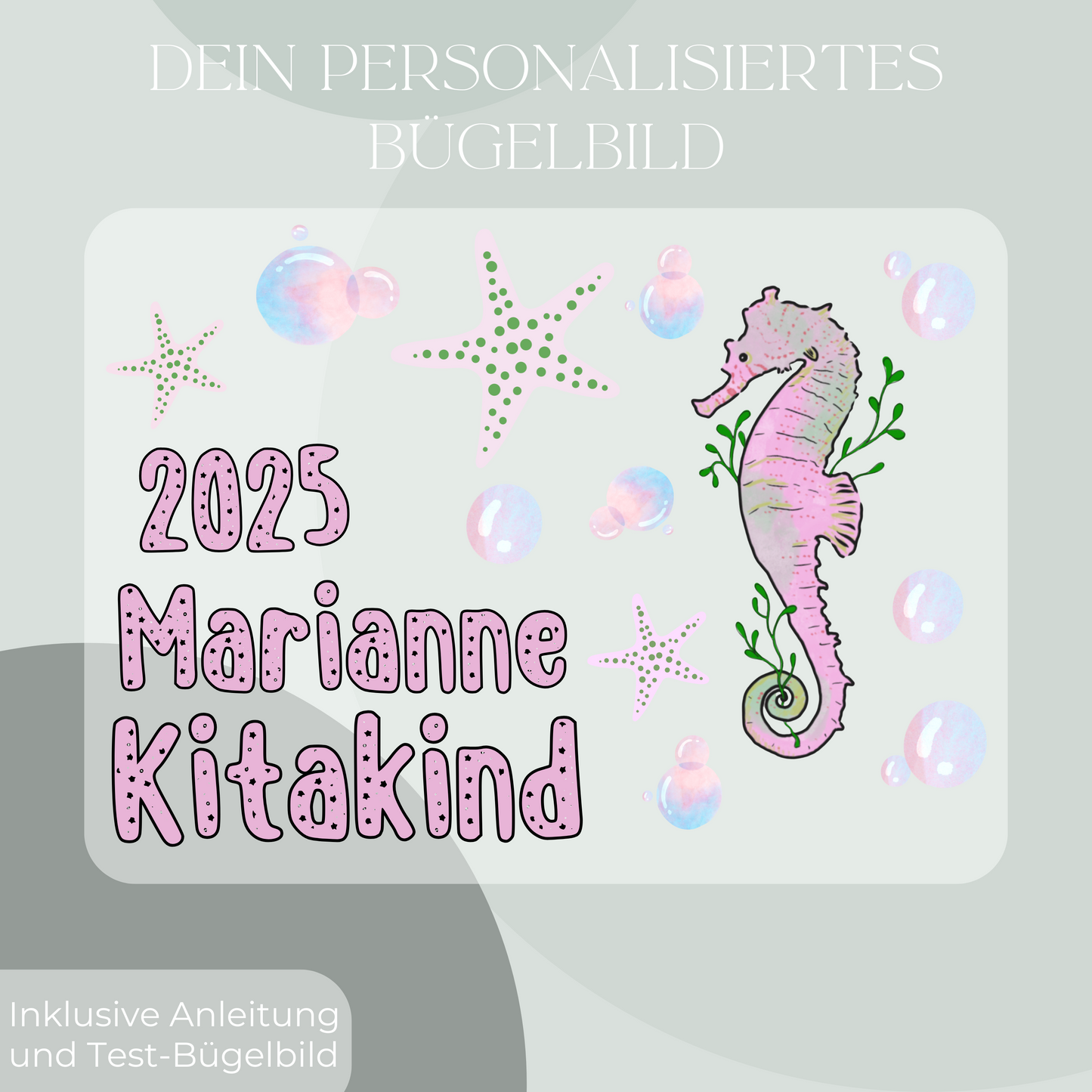 Personalisiertes Bügelbild-Set Kitakind 2025 Seepferd