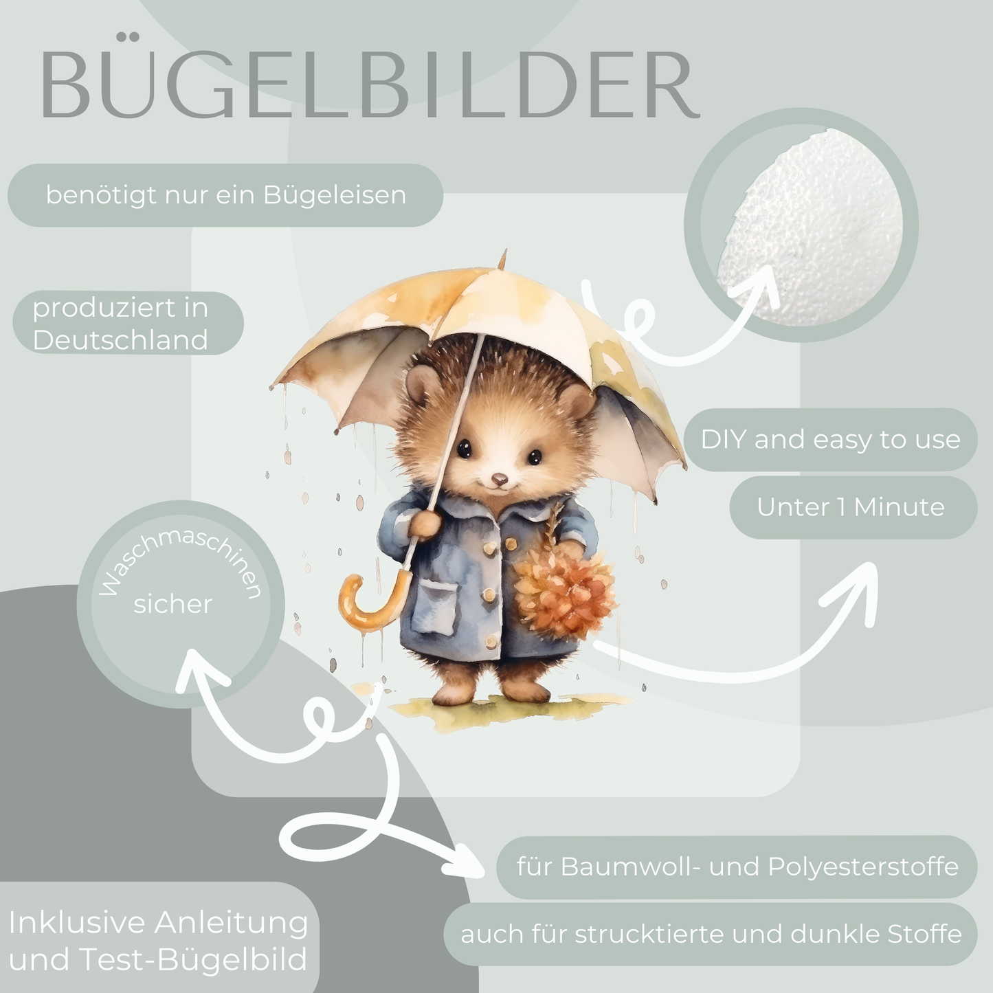 Igel mit Regenschirm Bügel-Bild Bügelbild Eigenproduktion