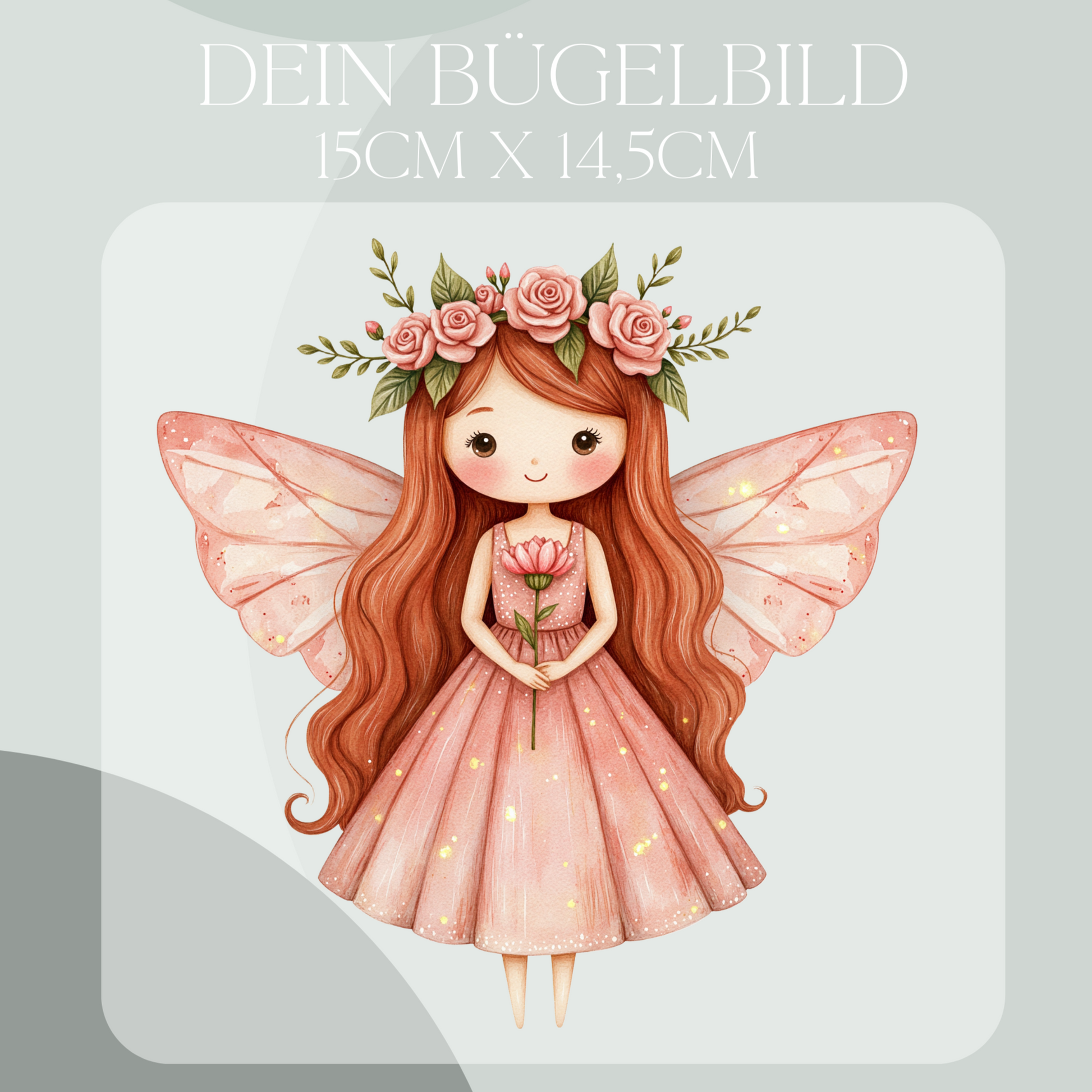 Bügelbild mit Fee in rosa mit Blume