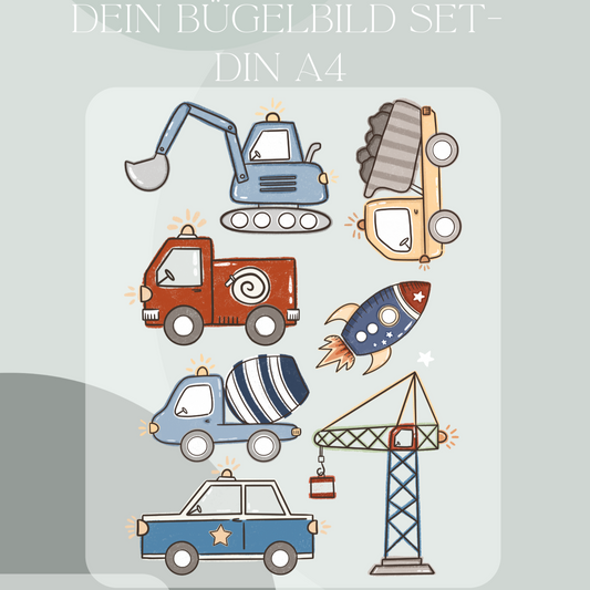 Bügelbild Set Din A4 Fahrzeuge - Baustellenfahrzeuge, Rakete, Kran, Feuerwehrauto