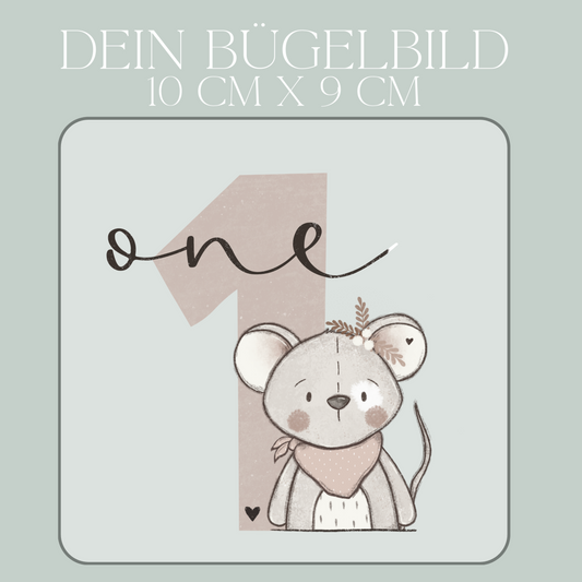 Geburtstagszahl 1 mit Mäuse Mädchen - Mini Bügel-Bild Bügelbild Eigenproduktion