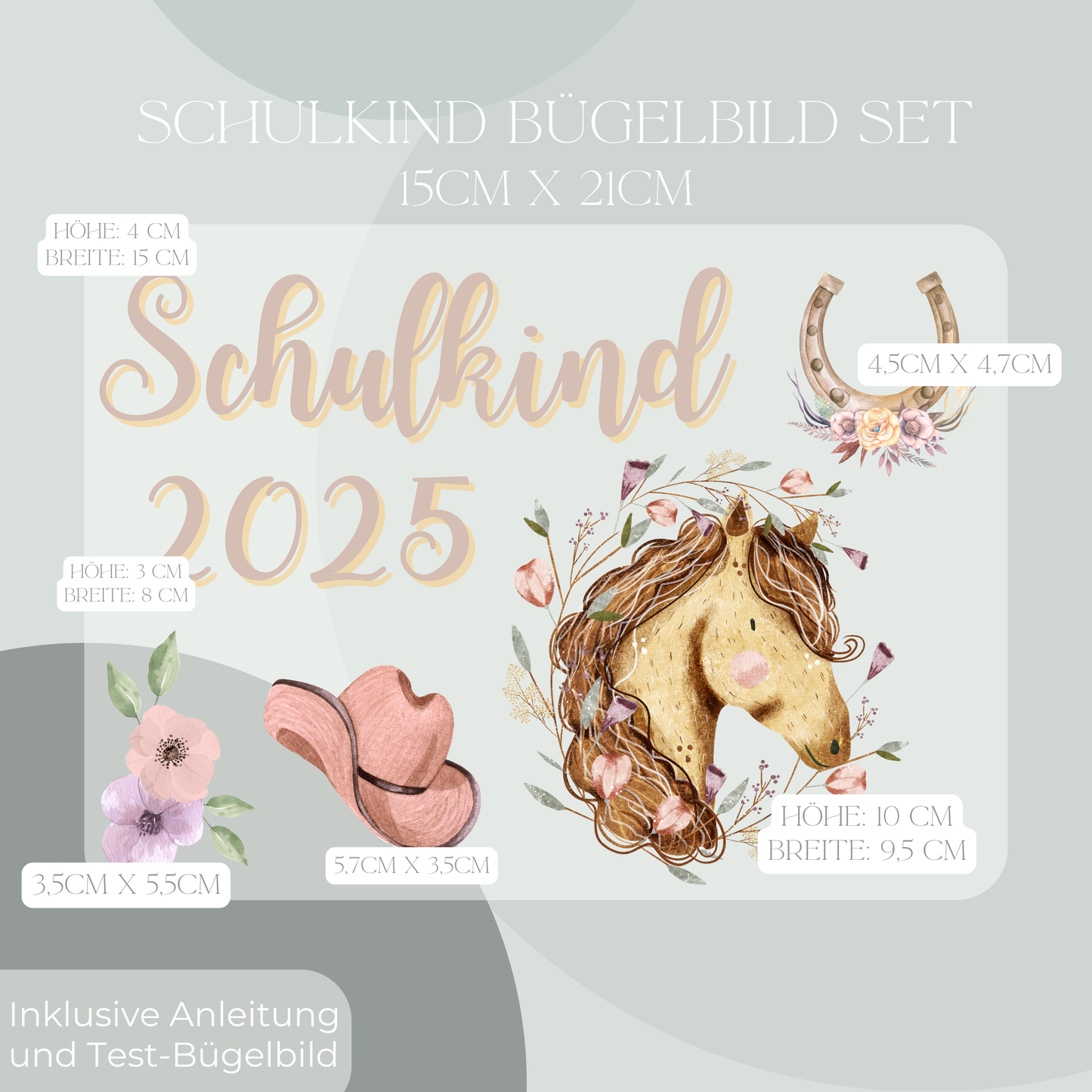 Bügelbild-Set Schulkind 2025 Pferd