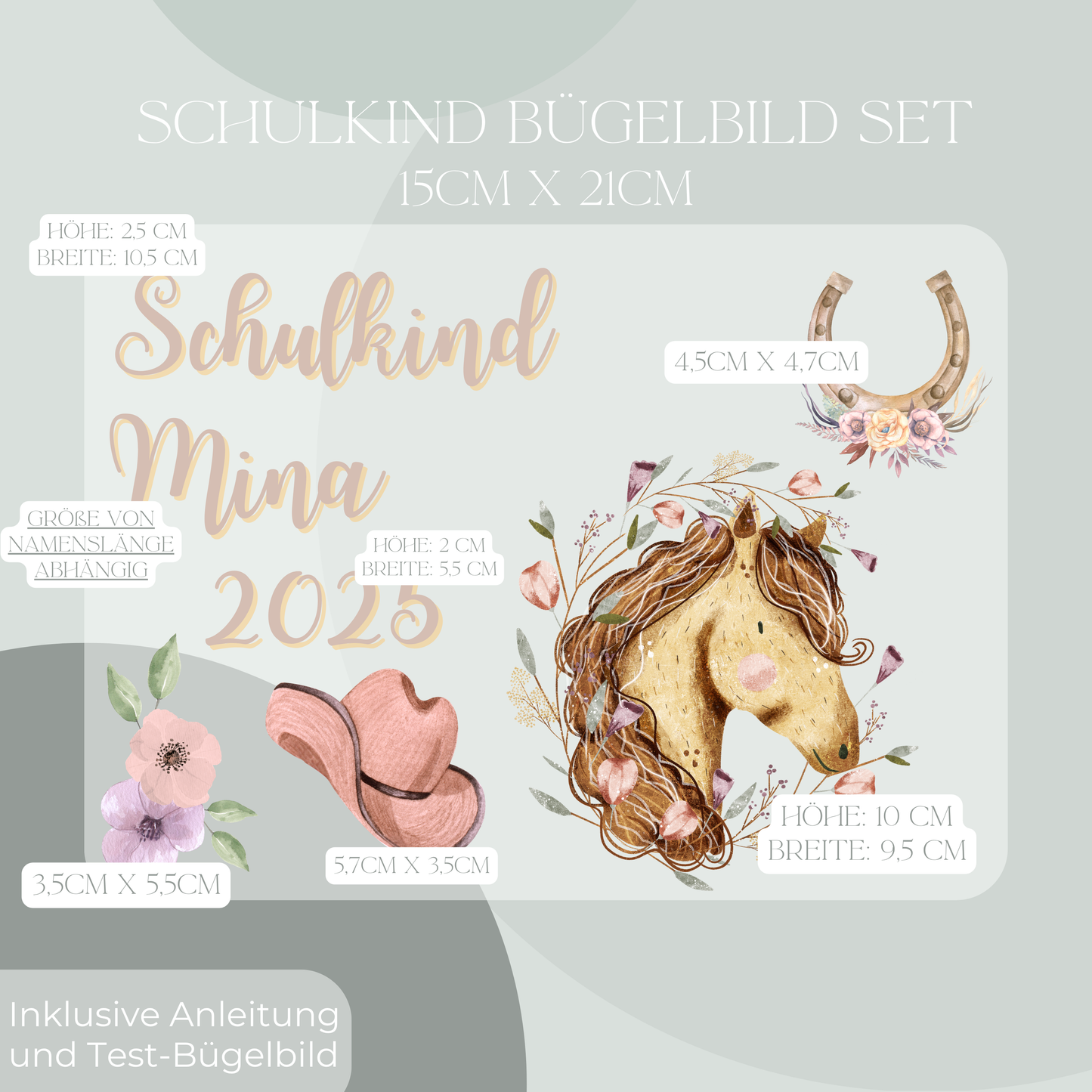 Personalisiertes Bügelbild-Set Schulkind 2025 Pferd