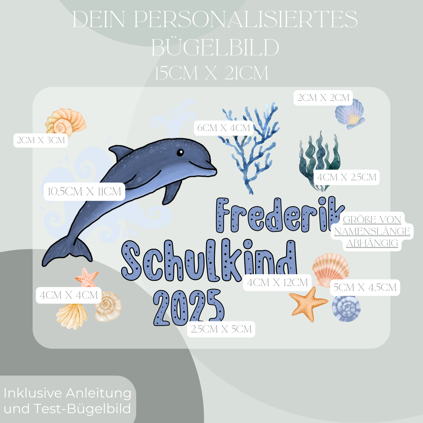 Personalisiertes Bügelbild-Set Schulkind 2025 Delfin