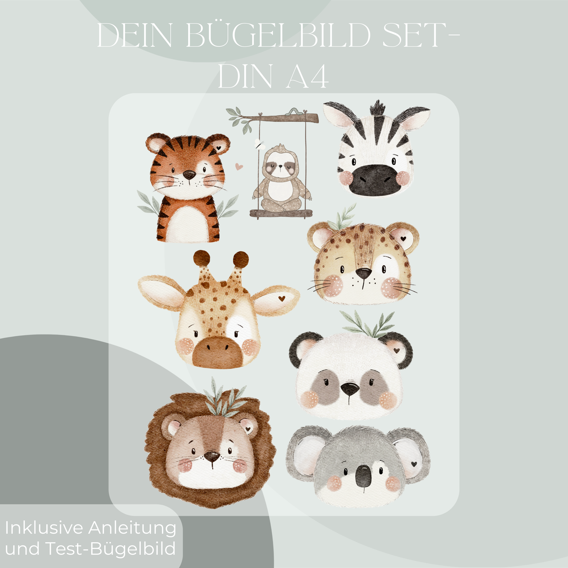 Bügelbilder: Tiger, Zebra, Löwe,Giraffe, Panda, Faultier
