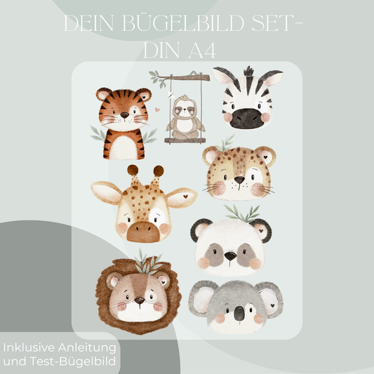 Bügelbilder: Tiger, Zebra, Löwe,Giraffe, Panda, Faultier