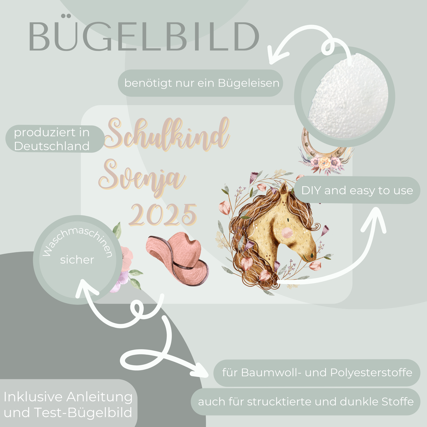 Personalisiertes Bügelbild-Set Schulkind 2025 Pferd