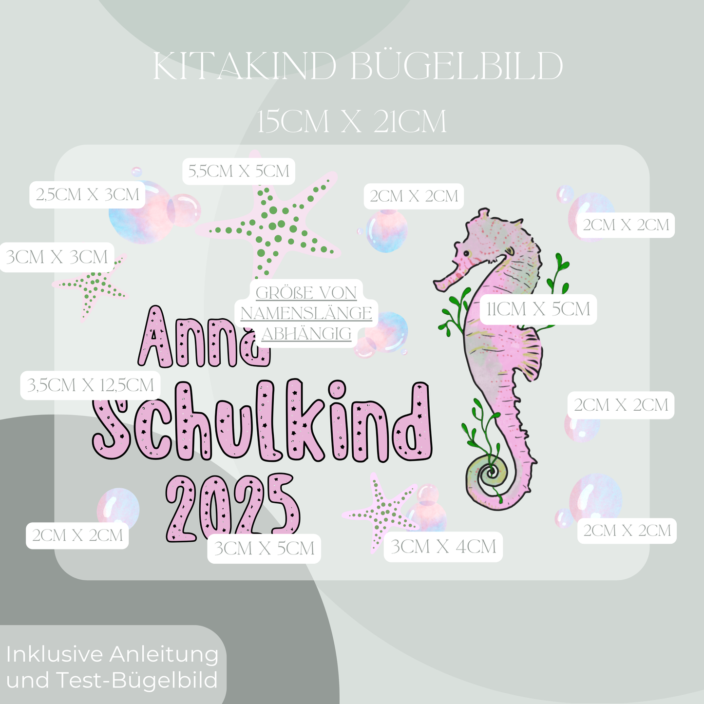 Personalisiertes Bügelbild-Set Schulkind 2025 Seepferd