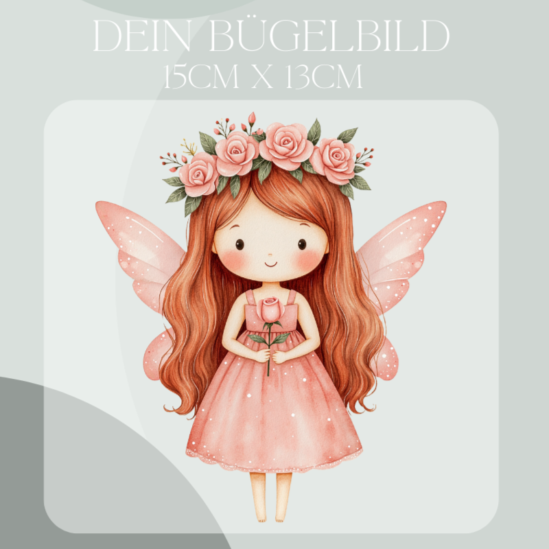 Bügelbild mit Fee in rosa mit Blume