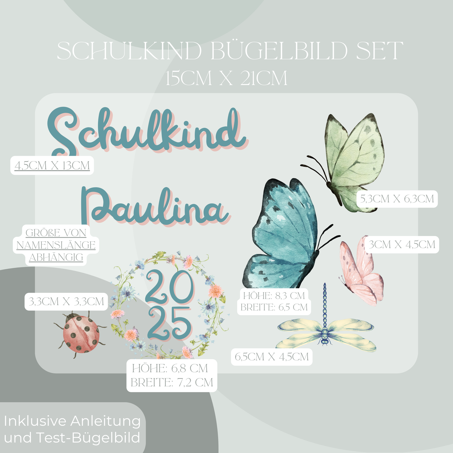 Personalisiertes Bügelbild-Set Schulkind 2025 Schmetterling