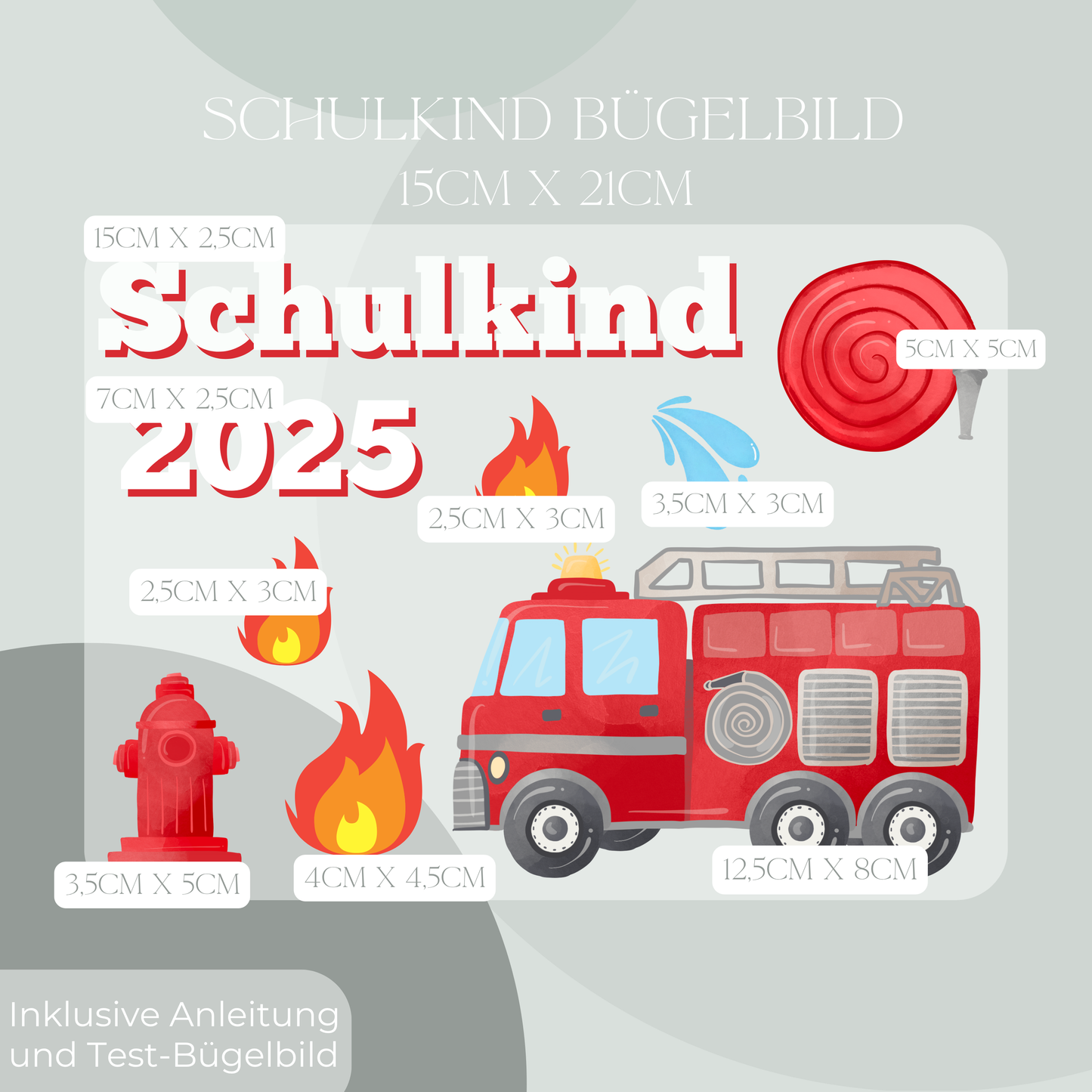 Bügelbild-Set Schulkind 2025 Feuerwehr-Motiv