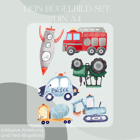 Bügelbilder: Feuerwehr Auto, Rakete, Traktor, Polizei Auto