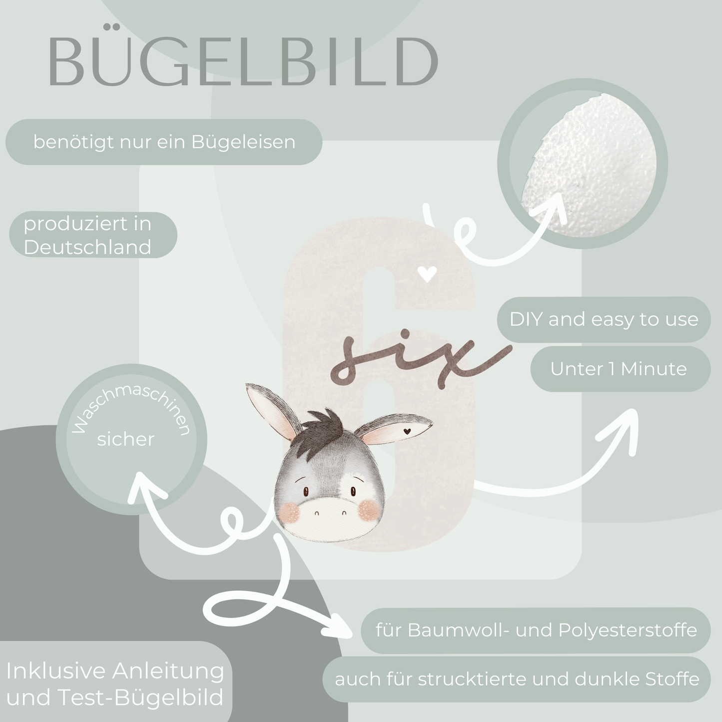 Geburtstagszahl 6 mit Esel - Mini Bügel-Bild Bügelbild Eigenproduktion