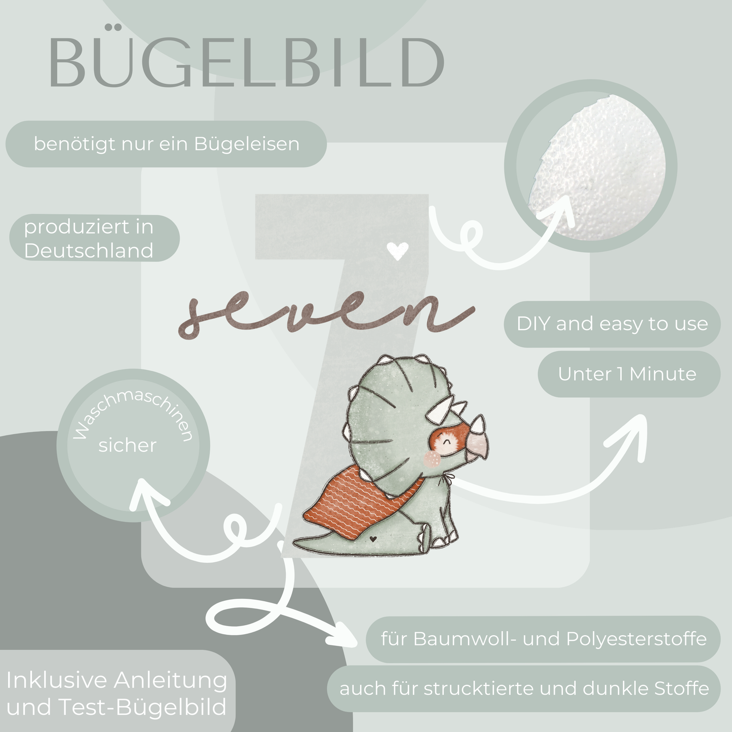 Geburtstagszahl 7 mit Dino - Mini Bügel-Bild Bügelbild Eigenproduktion