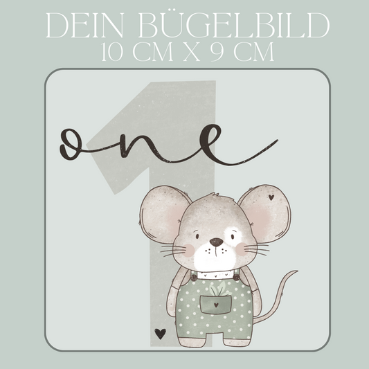 Geburtstagszahl 1 mit Mäuse Junge - Mini Bügel-Bild Bügelbild Eigenproduktion