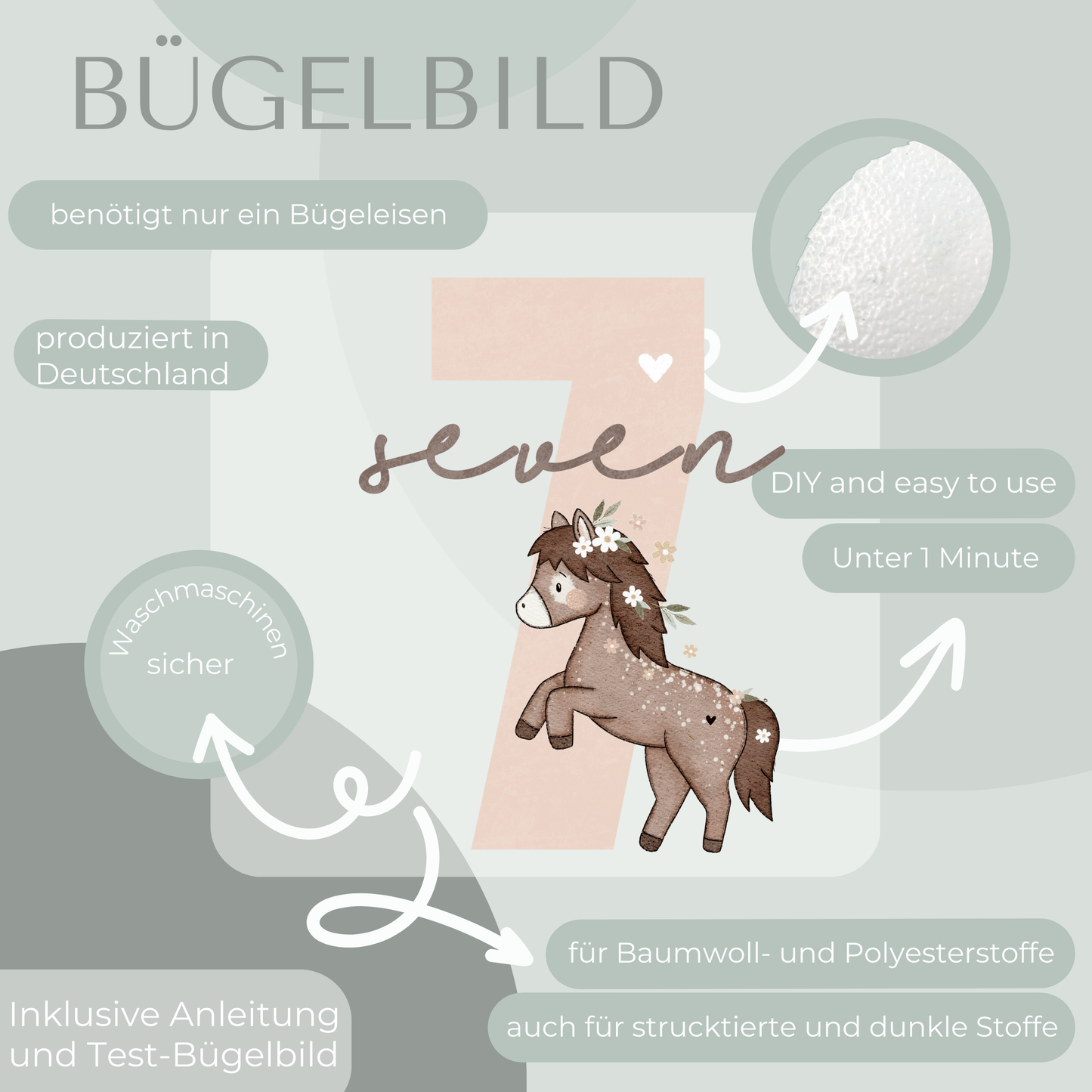 Geburtstagszahl 7 mit Pferd - Maxi Bügel-Bild Bügelbild Eigenproduktion