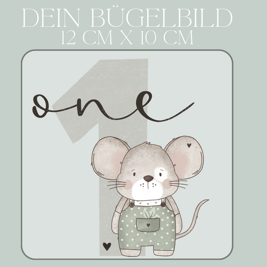 Geburtstagszahl 1 mit Mäuse Junge - Maxi Bügel-Bild Bügelbild Eigenproduktion
