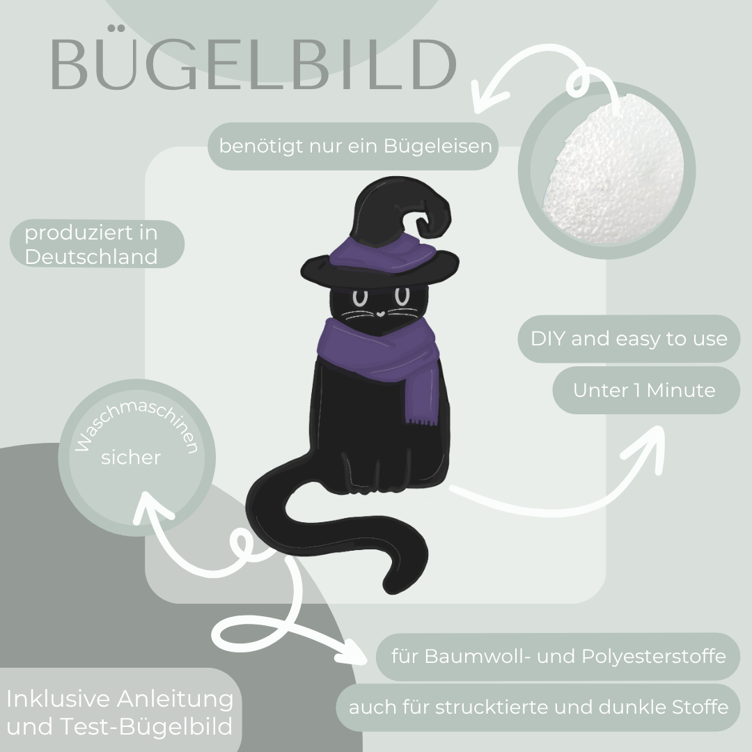 Katze im Hexenkostüm Bügelbild Eigenproduktion