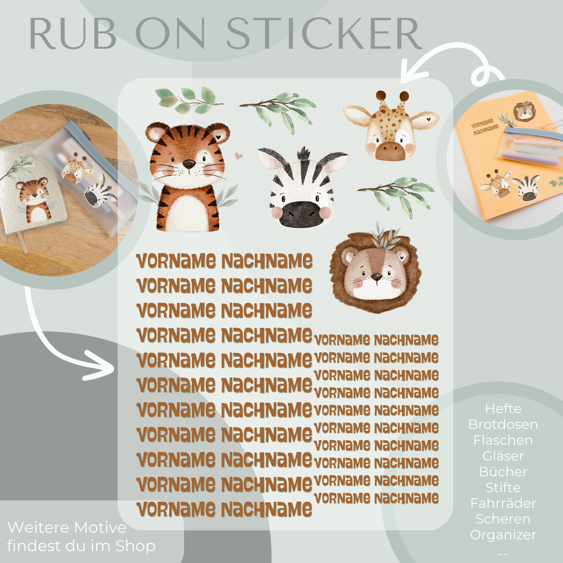 Personalisierte Rub-On Sticker Sets mit Safari Motiv: Tiger, Löwe, Zebra, Giraffe, Pflanzen.