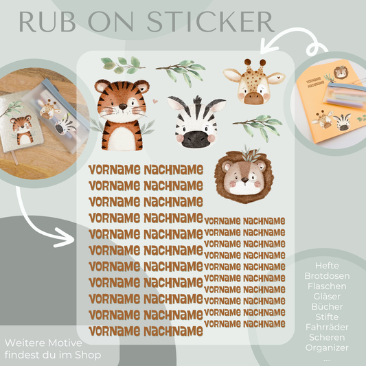Personalisierte Rub-On Sticker Sets mit Safari Motiv: Tiger, Löwe, Zebra, Giraffe, Pflanzen.