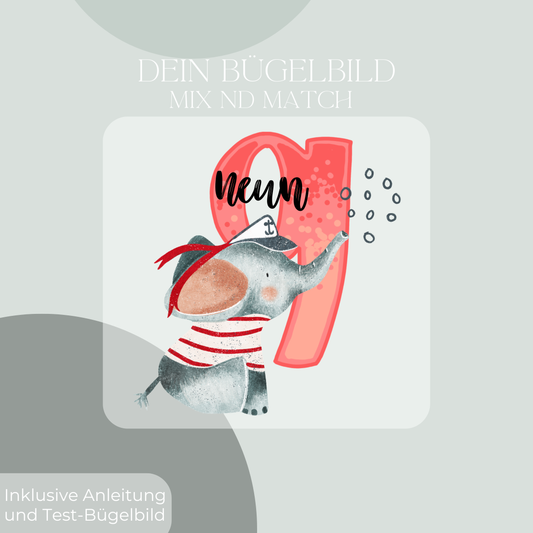 Geburtstagszahl Elefant -  Bügel-Bild Bügelbild Eigenproduktion