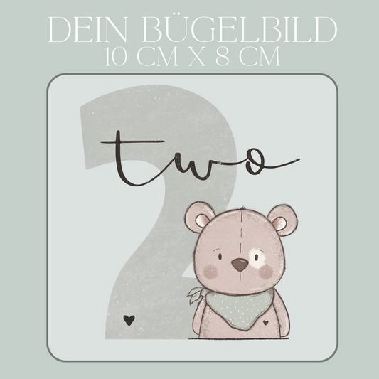 Geburtstagszahl 2 mit Bär Junge - Mini Bügel-Bild Bügelbild Eigenproduktion