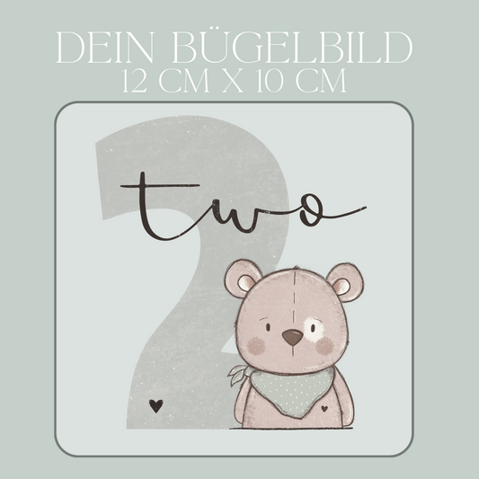Geburtstagszahl 2 mit Bär Junge - Maxi Bügel-Bild Bügelbild Eigenproduktion