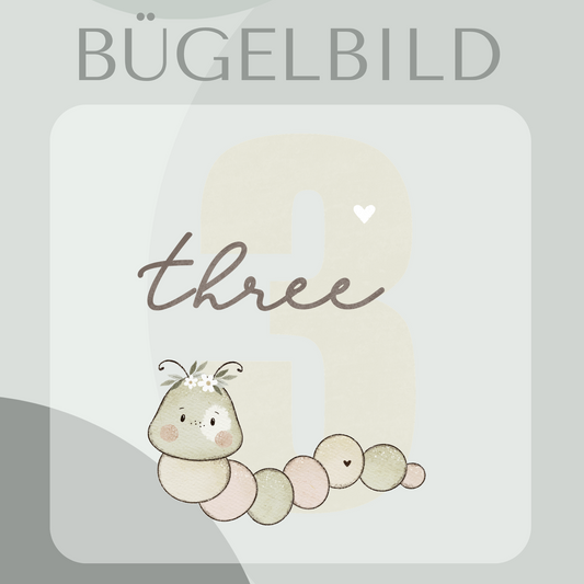 Bügelbild Geburtstagszahl 3 mit Raupe 