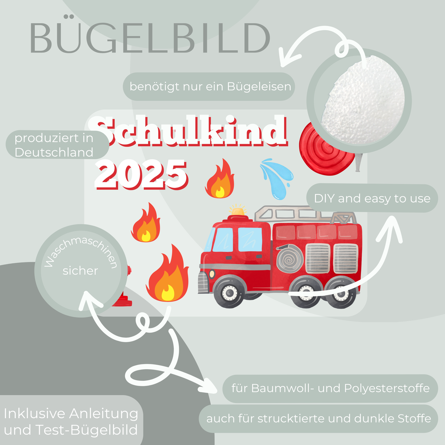 Bügelbild-Set Schulkind 2025 Feuerwehr-Motiv