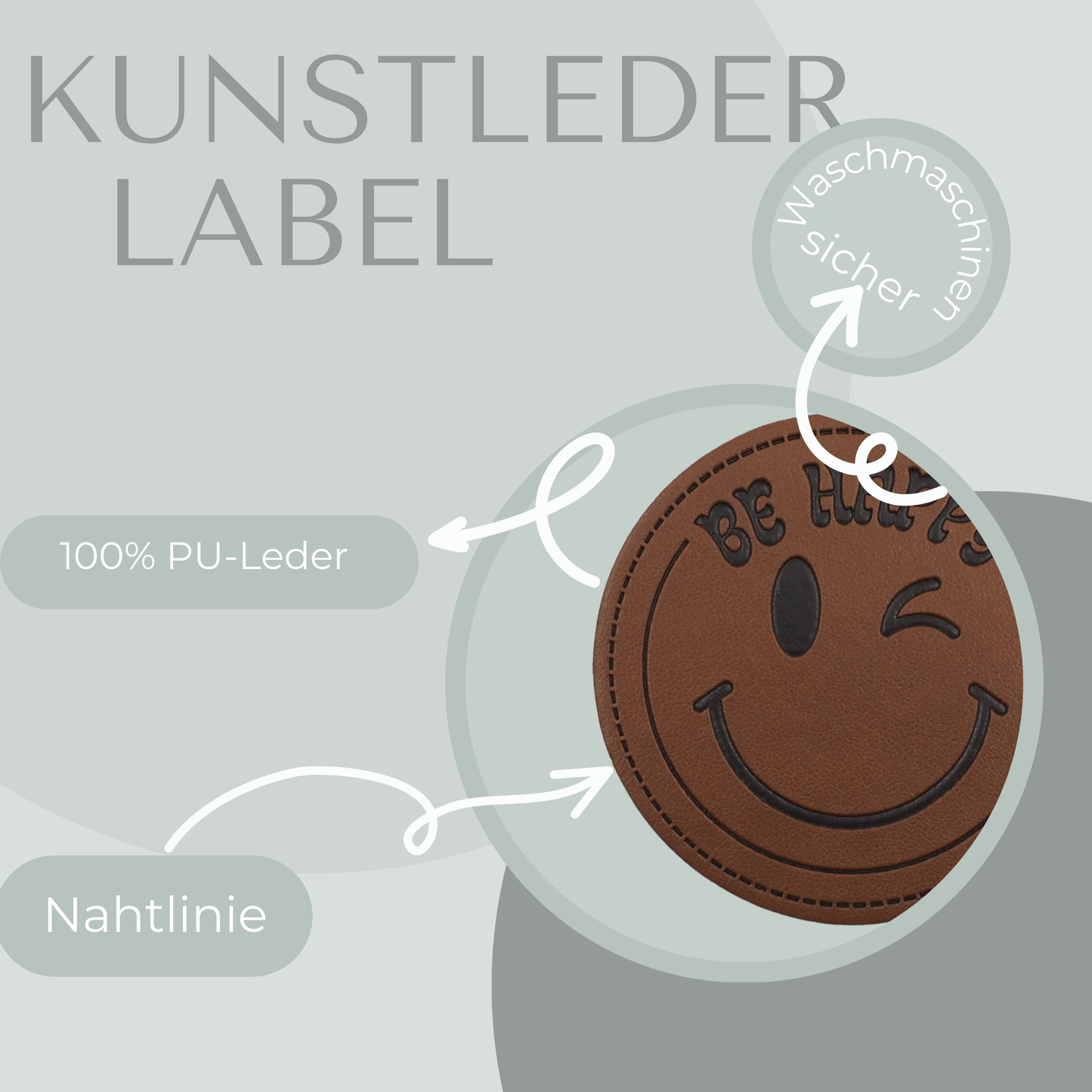 Be happy Smiley Kunstlederlabel Kunstleder Label Eigenproduktion