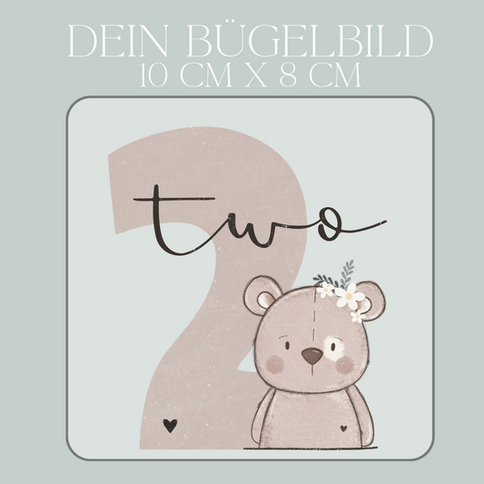 Geburtstagszahl 2 mit Bär Mädchen - Mini Bügel-Bild Bügelbild Eigenproduktion
