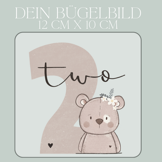 Geburtstagszahl 2 mit Bär Mädchen - Maxi Bügel-Bild Bügelbild Eigenproduktion