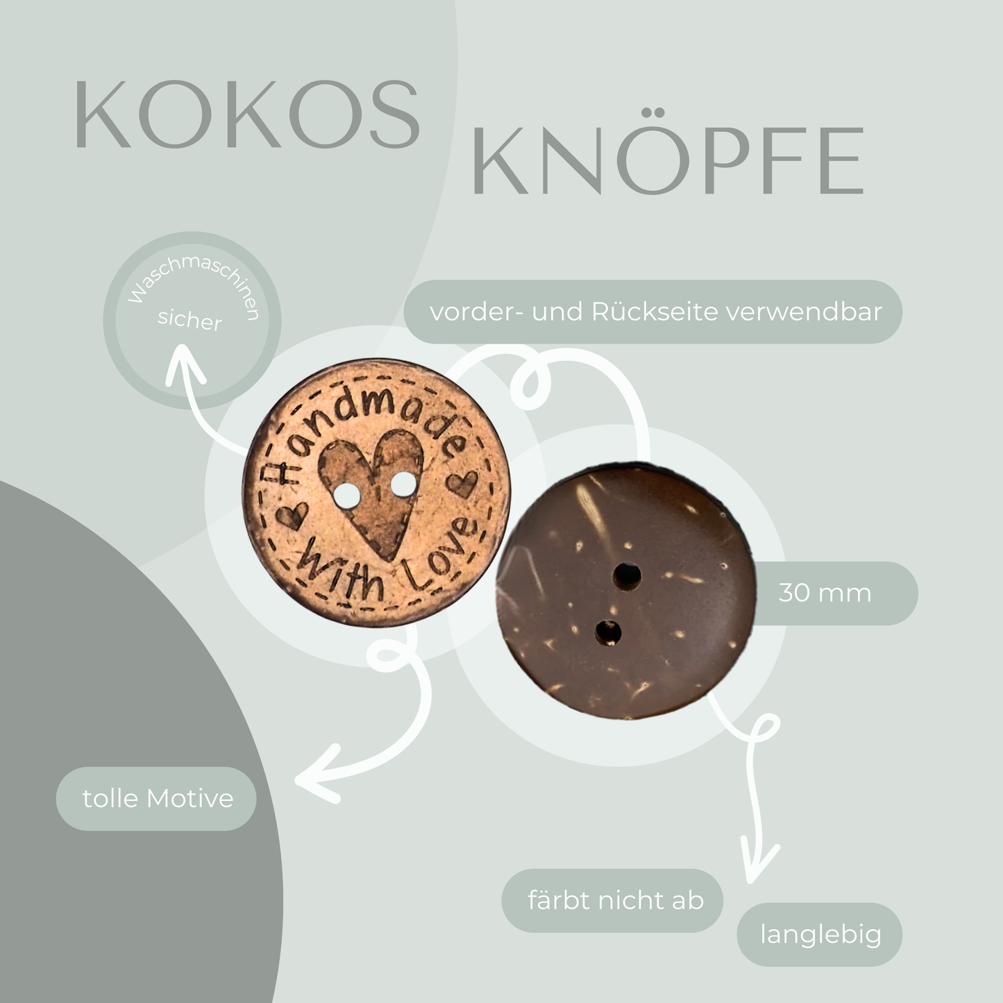 Kokosknopf Herz Handmade with love 30mm