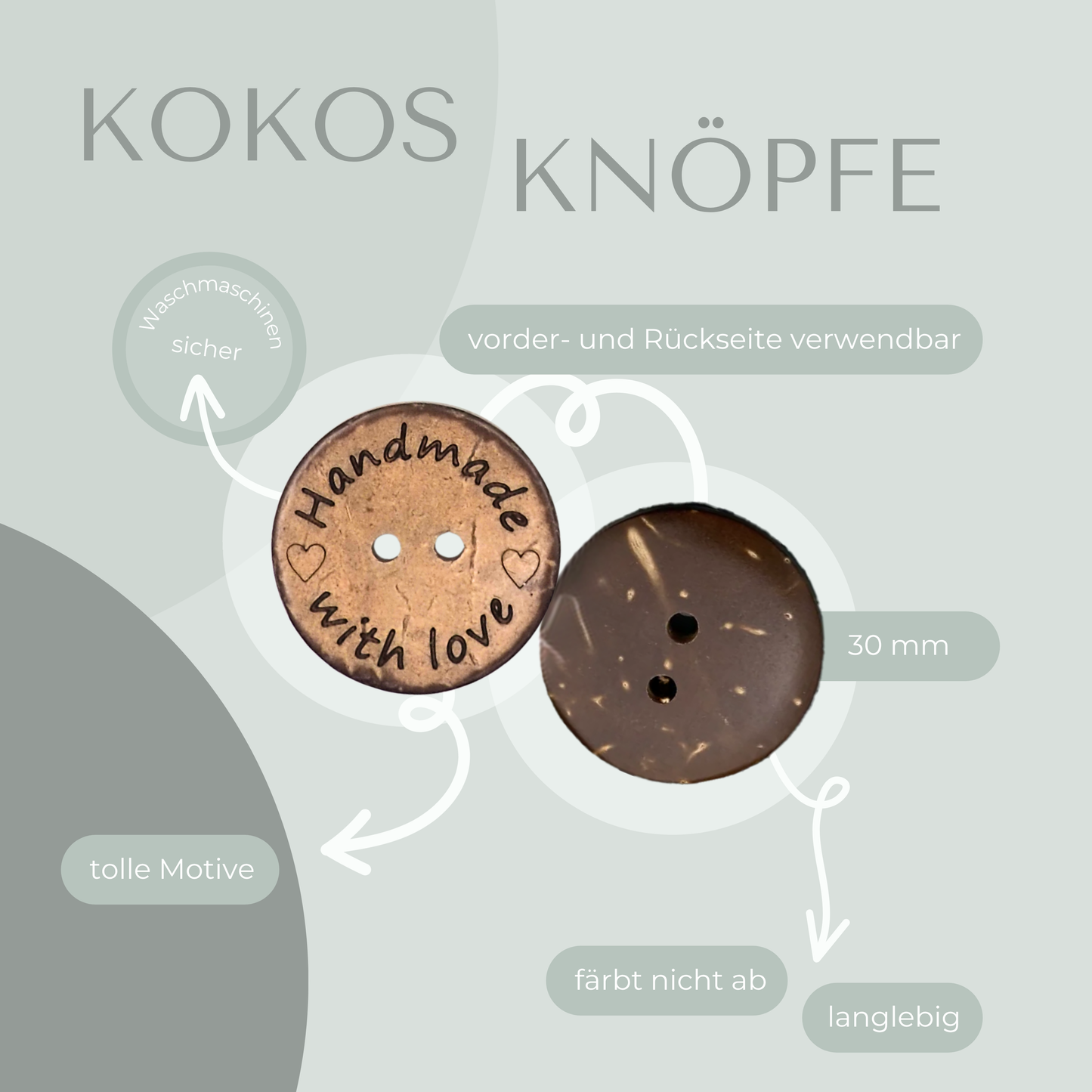 Kokosknopf Handmade with love 30mm