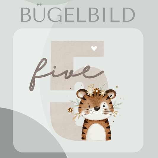 Bügelbild Geburtstagszahl 5 mit floral Tiger 