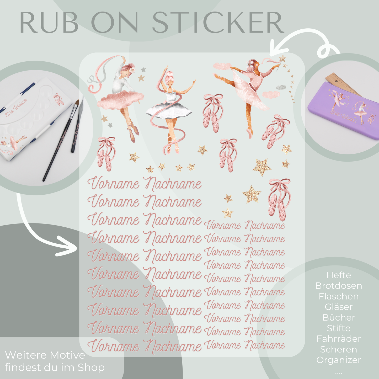 Personalisierbare Rub-On Sticker Sets mit Ballett Motiv.