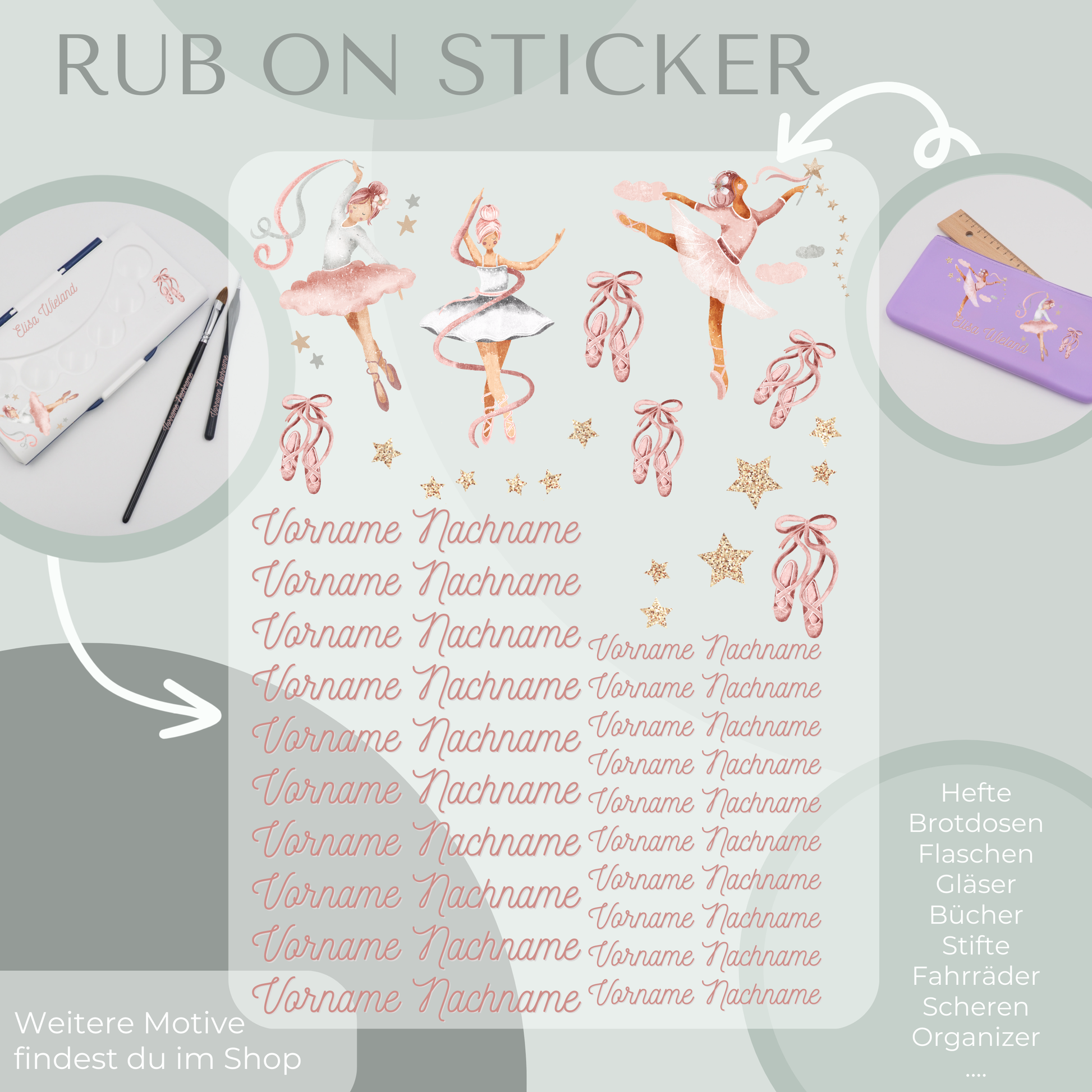 Personalisierbare Rub-On Sticker Sets mit Ballett Motiv.