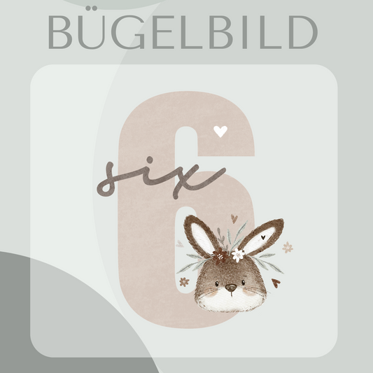 Bügelbild Geburtstagszahl 6 mit floraler Hase