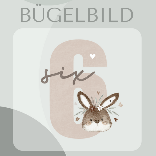 Bügelbild Geburtstagszahl 6 mit floraler Hase