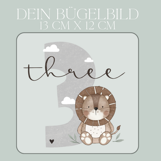 Geburtstagszahl 3 mit Löwe - Maxi Bügel-Bild Bügelbild Eigenproduktion