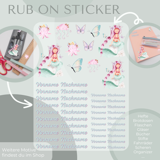 Personalisierbare Rub-On Sticker Sets mit Meerjungfrauen Motiv.